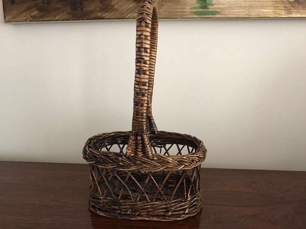 Rieten mand flessenmand hoge greep 2 vakken 38 cm h, Ophalen of Verzenden, Zo goed als nieuw, Mand