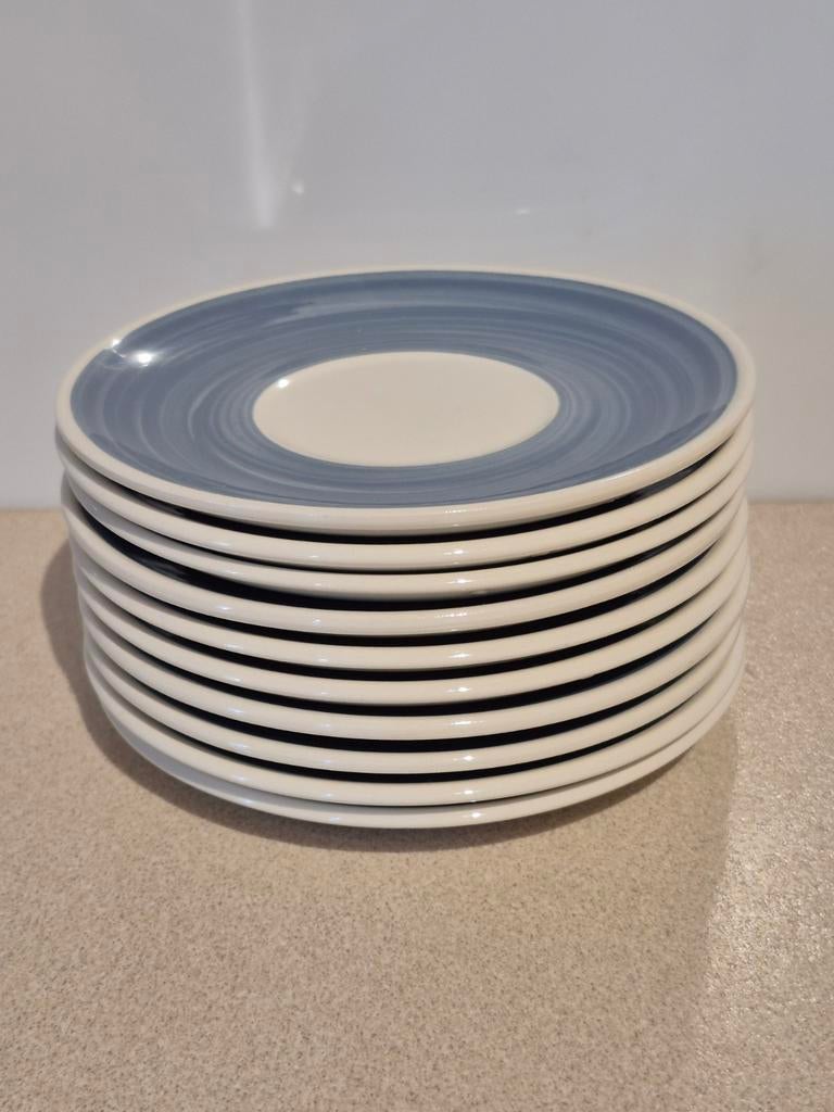 Boch Frères vintage ondertassen (10 stuks) beige blauw, Huis en Inrichting, Gebruikt, Keramiek, Ophalen of Verzenden, Bord(en)