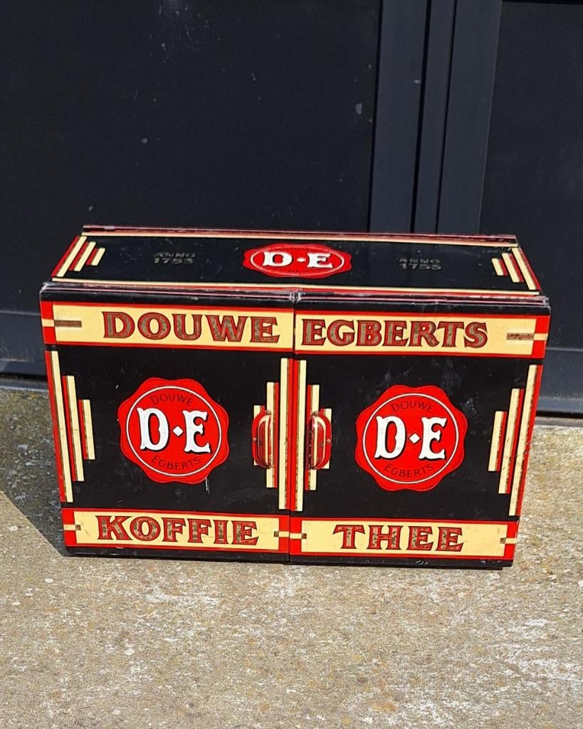 Winkelblik Douwe Egberts met twee scharnierende deurtjes., Verzamelen, Blikken, Ophalen of Verzenden, Gebruikt, Koffie, Douwe Egberts