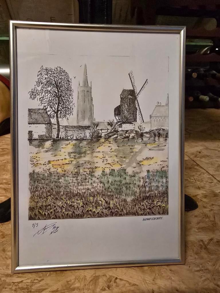 ets of tekening van een landschap met een molen en een kerk., Antiek en Kunst, Kunst | Tekeningen en Fotografie, Ophalen of Verzenden