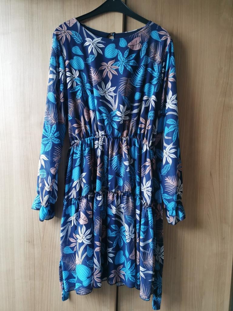 Kleedje herfst blauw lange doorzichtige mouwen Tu (small), Enlèvement ou Envoi, Comme neuf, Bleu