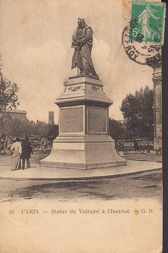 1908 - FRANKRIJK - Paris: Statue de Voltaire à l'Institut, Verzamelen, Postkaarten | Buitenland, Gelopen, Frankrijk, Voor 1920