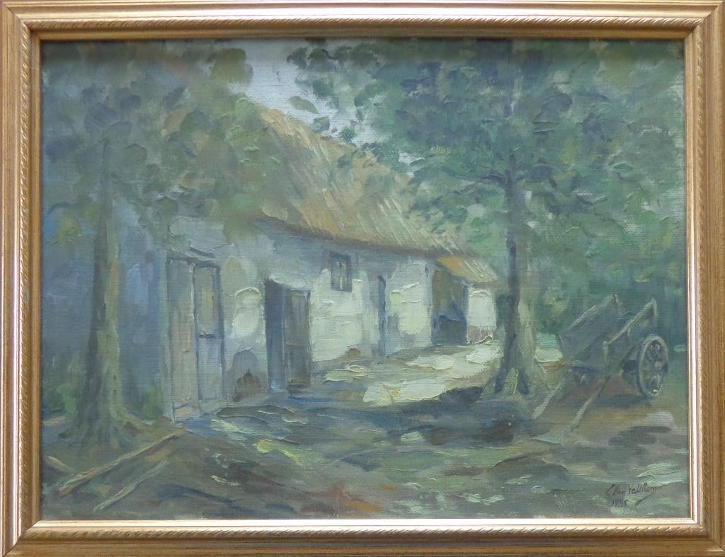 L. VAN VELTHEM / BOERDERIJZICHT / OLIEVERF / 34x45cm / KADER, Ophalen of Verzenden