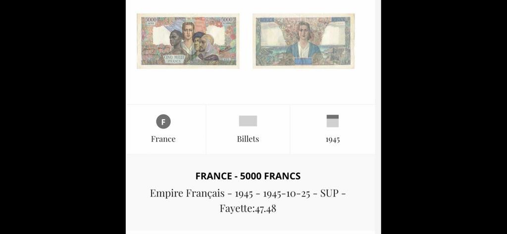 Billet français 5000francs, Timbres & Monnaies
