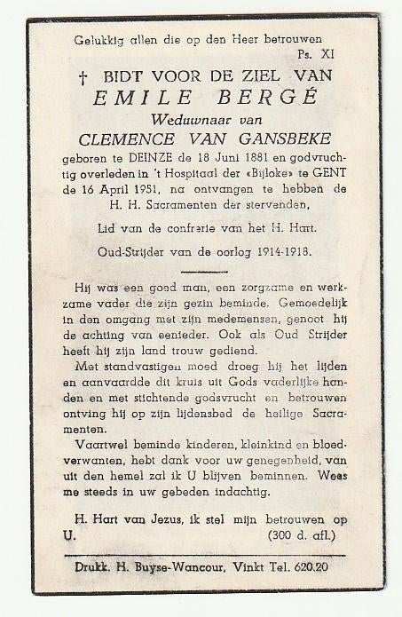 Emile BERGE Deinze Gent 1951 Oud-strijder oorlog 14/18, Verzamelen, Bidprentjes en Rouwkaarten, Verzenden, Bidprentje