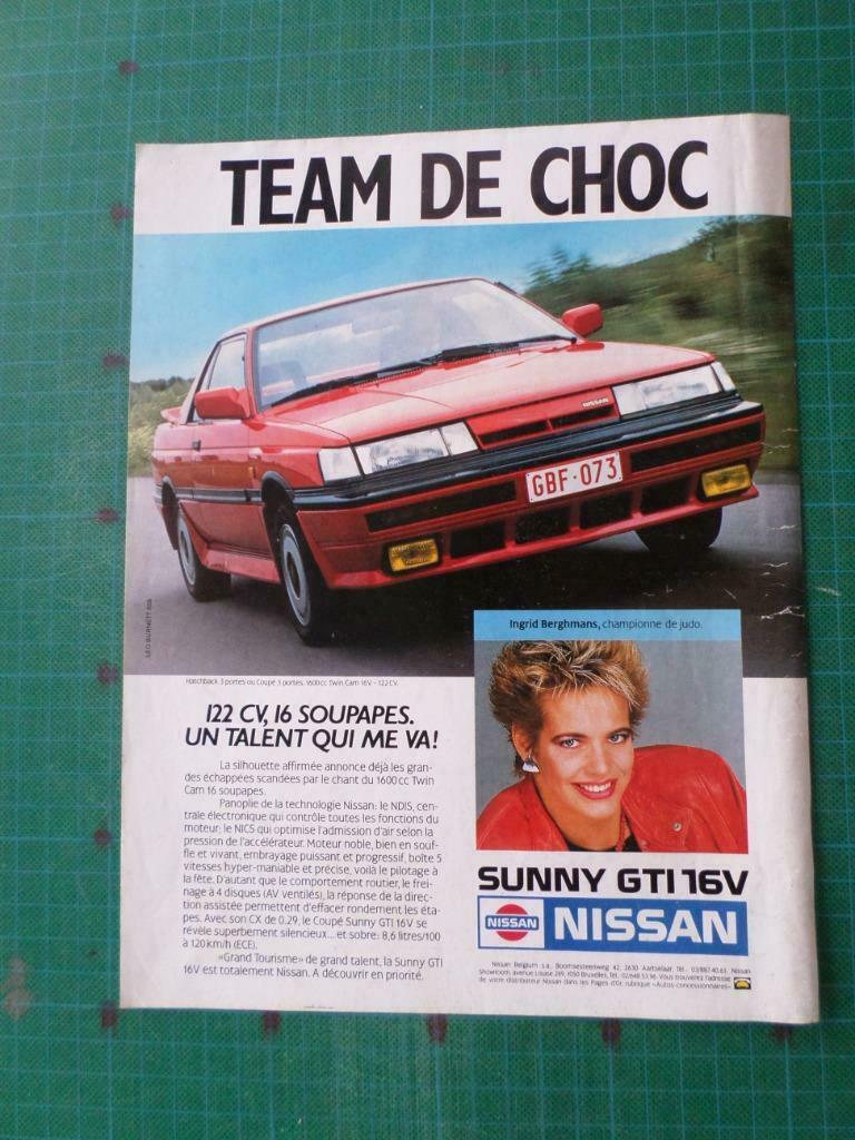 Ingrid Berghmans - publicité papier Nissan Sunny GTI - 1988, Ophalen of Verzenden, Gebruikt, Overige typen