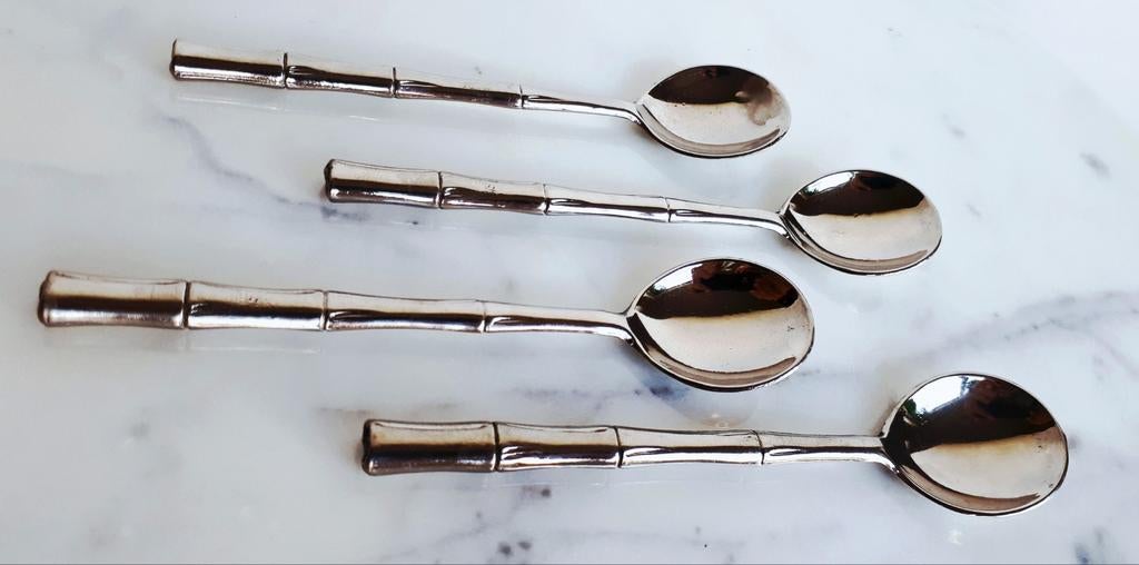 Vier vintage verzilverde theelepels bamboepatroon, Ophalen of Verzenden