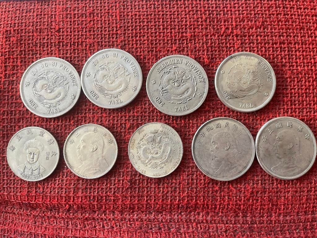 9x antieke munt Azië Candareens Tael 1896 - 1908 Dragon Coin, Ophalen