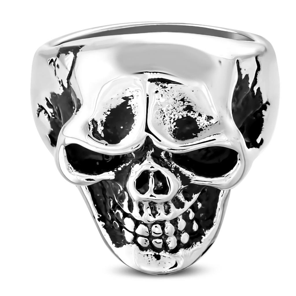 Grijnzend doodshoofd biker ring in staal, Handtassen en Accessoires, Ringen, Nieuw, Dame of Heer, 17 tot 18, Zilver, IJzer of Staal