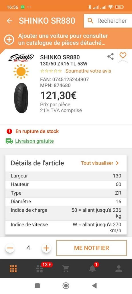 Pneu shinko neuf 130/60/16, Motos, Enlèvement