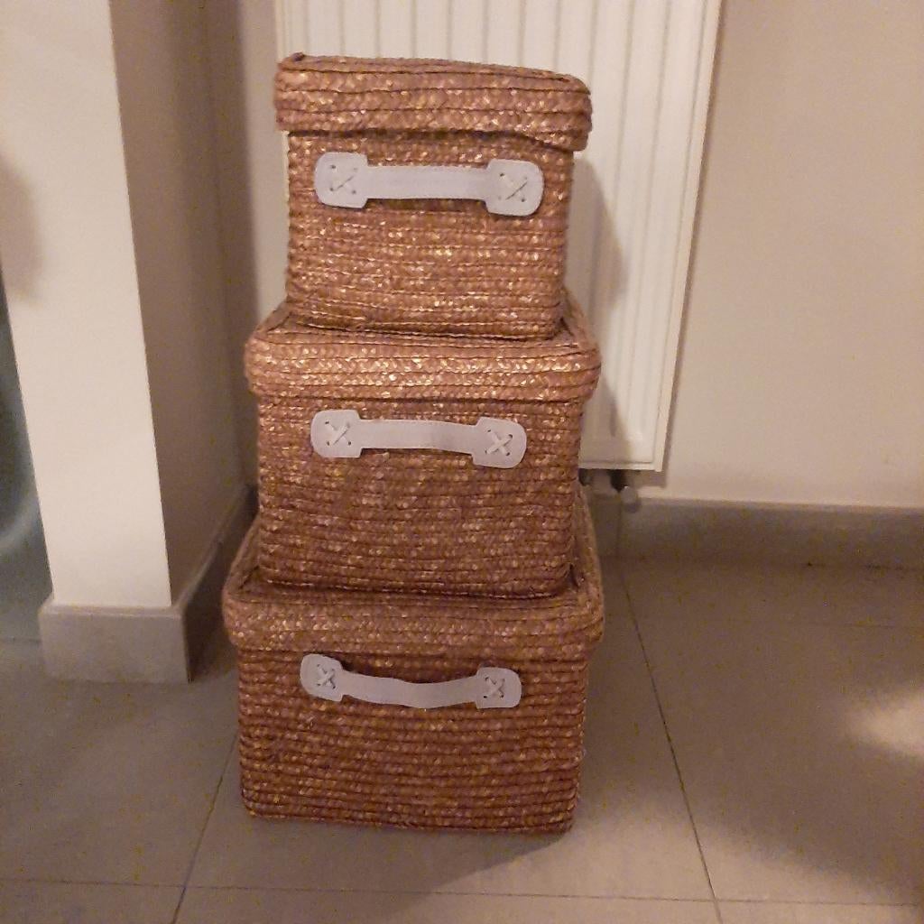 Rieten mandjes in roodbruin met deksel, Huis en Inrichting, Woonaccessoires | Schalen en Manden, Ophalen, Mand, Vierkant, Zo goed als nieuw