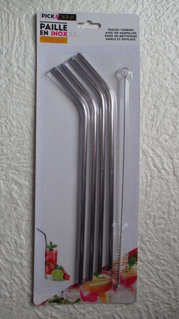 Set de 4 pailles en inox + goupillon (inclinées)., Enlèvement ou Envoi, Neuf, Inox ou Chrome