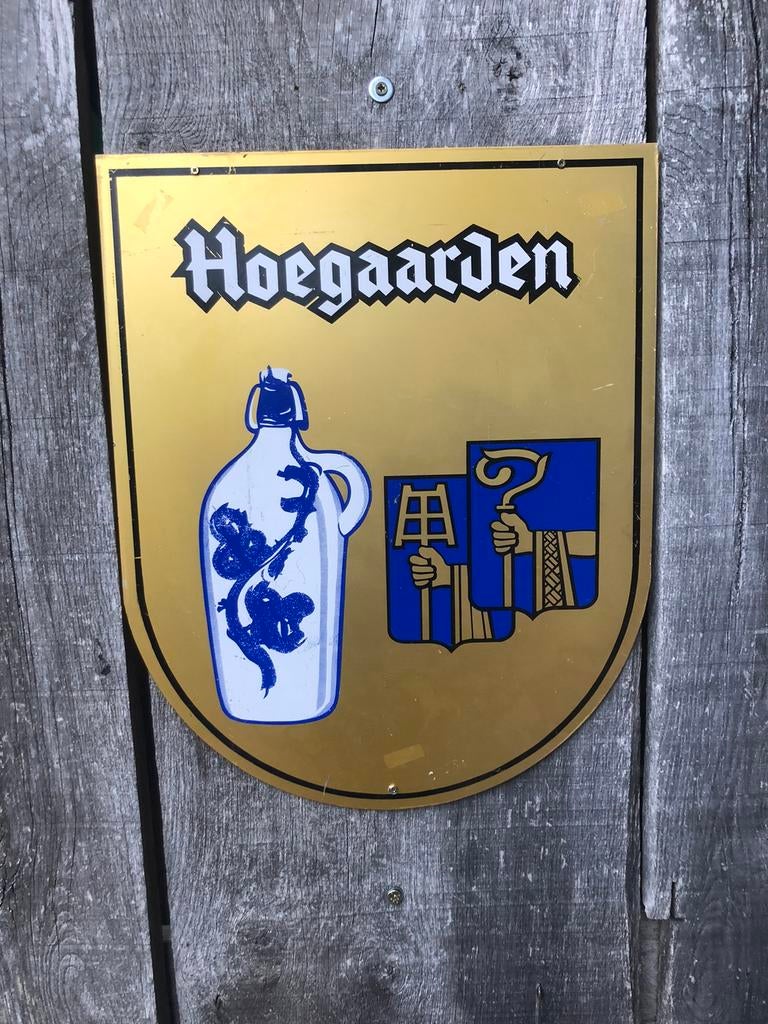 hoegaarden dubbelzijdig reclamebord metaal, Ophalen of Verzenden, Gebruikt, Reclamebord, Plaat of Schild, Overige merken