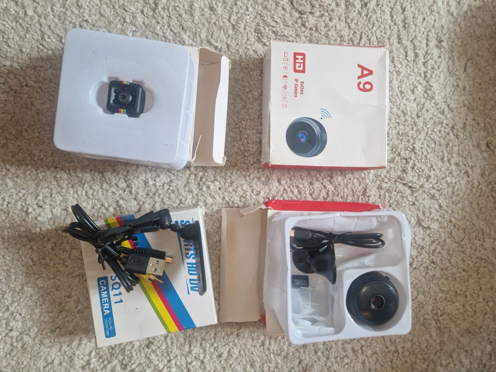 Vier Mini HD-bewakingscamera's A9 en SQ11 + 2 SD128g, Ophalen, Nieuw, Binnencamera