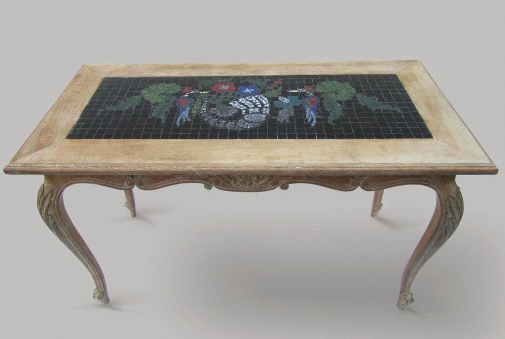 Eiken salontafel in Louis XV stijl met mozaiek met vogels, Ophalen, Gebruikt, Rechthoekig, Eikenhout