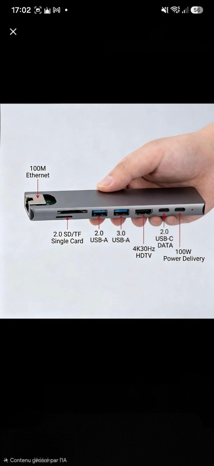 Hub USB-C 8-en-1 HDMI 4K, Ethernet 100 Mbps, Charge 100W, Computers en Software, Ophalen of Verzenden, Nieuw, MW
