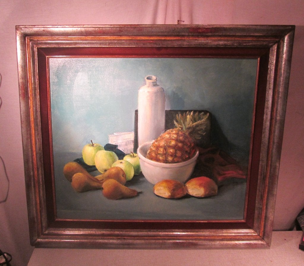 Mooi Geschilderd Werk 'Fruit en Kommen' - 84x74, Doek, Origineel werk, Stilleven, Ophalen of Verzenden