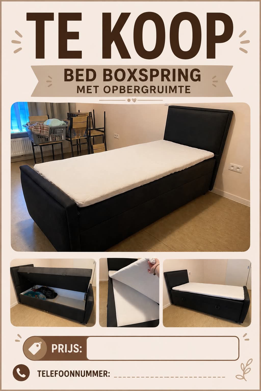 Bed boxspring 1 persoon met opbergruimte, Ophalen, Zo goed als nieuw