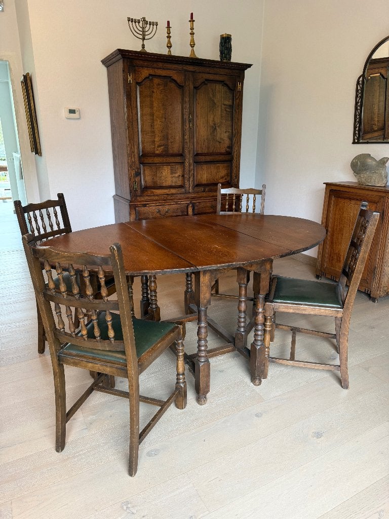 Antieke eiken ovale kleppentafel met 4 stoelen, Ophalen