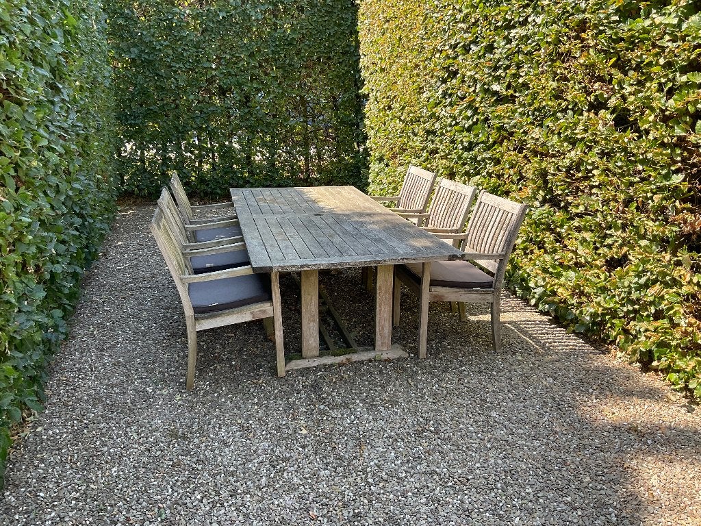 Teak tuintafel en 6 stoelen, Gloster, Tuin en Terras, Ophalen, Gebruikt, 6 zitplaatsen, Teakhout