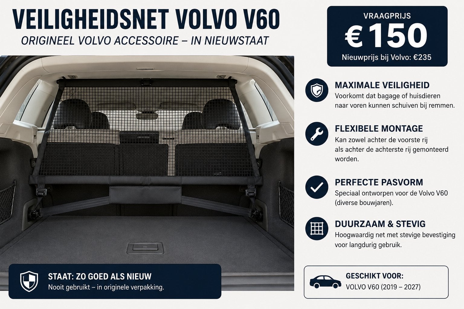 Veiligheidsnet Volvo V60 (2019–2027) origineel en Nieuwstaat, Auto-onderdelen, Ophalen of Verzenden, Volvo