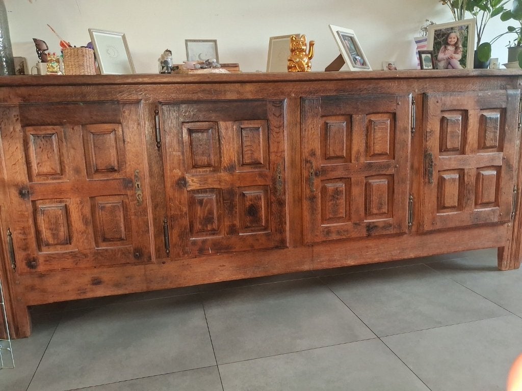 Buffet + verrière vintage en chêne massif  années 60, Ophalen of Verzenden
