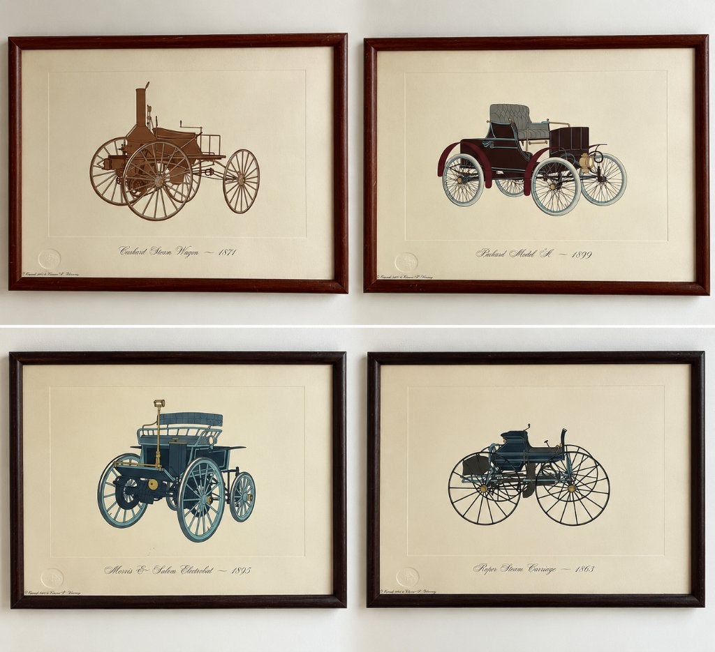 Lot van 4 ingelijste prenten – historische automobielen, Enlèvement ou Envoi, Comme neuf, Autres sujets/thèmes, Gravure