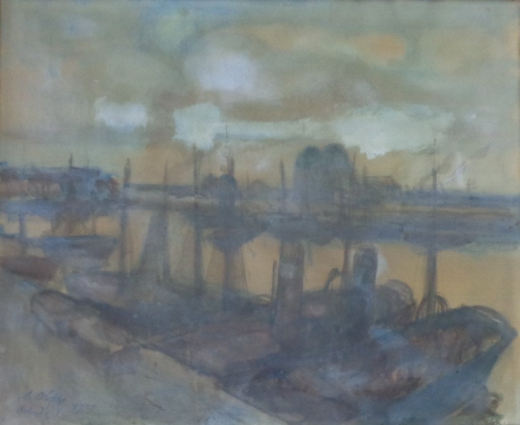 AUGUSTE OLEFFE / HAVEN OOSTENDE / ORIGINEEL WERK / 87x103cm, Antiquités & Art, Aquarelle, Expressionniste, Papier, Maritime / eau