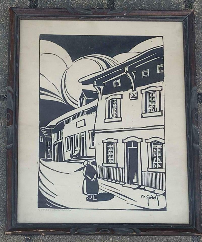 Lithographie bohan vieille maison signe ch godart, Ophalen of Verzenden