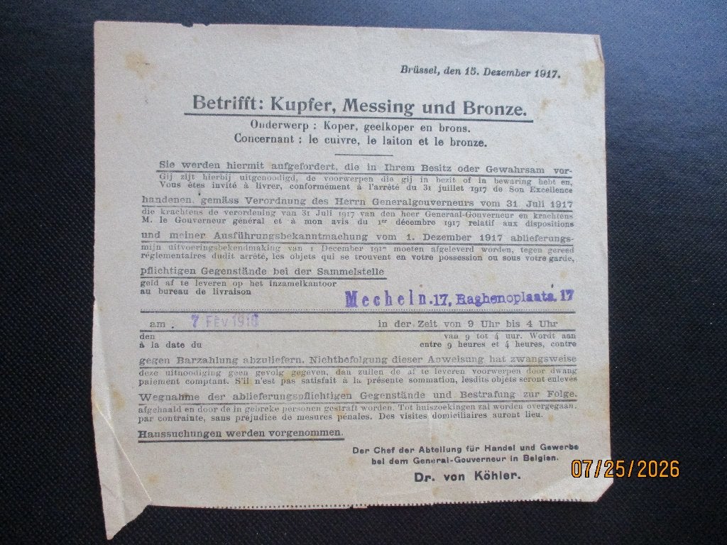 WO1. Inlevering koper. Mechelen 7/2/1918, Verzenden