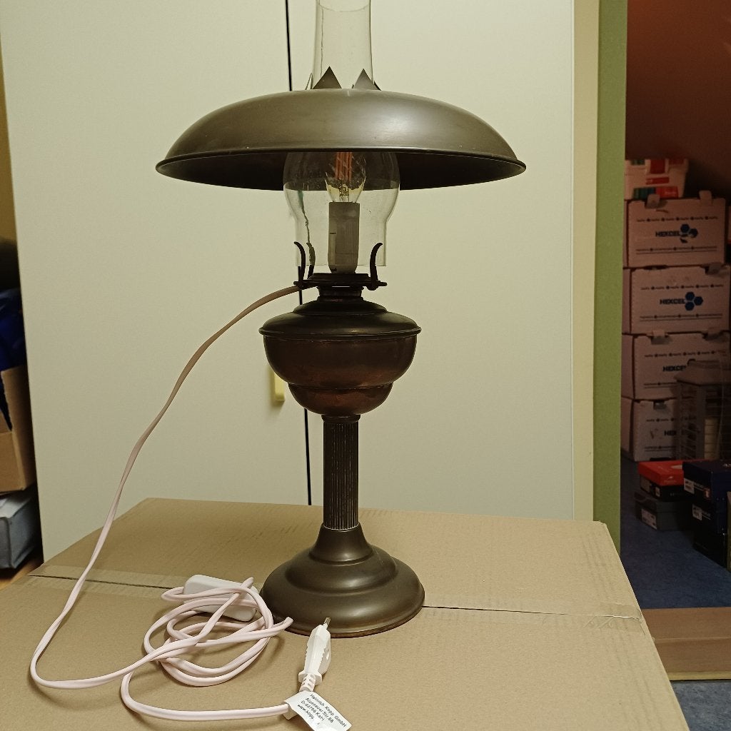 Retro kastlamp in koper, geen petroleum maar elektrisch, Gebruikt, Olielamp, E14 (klein), Glas