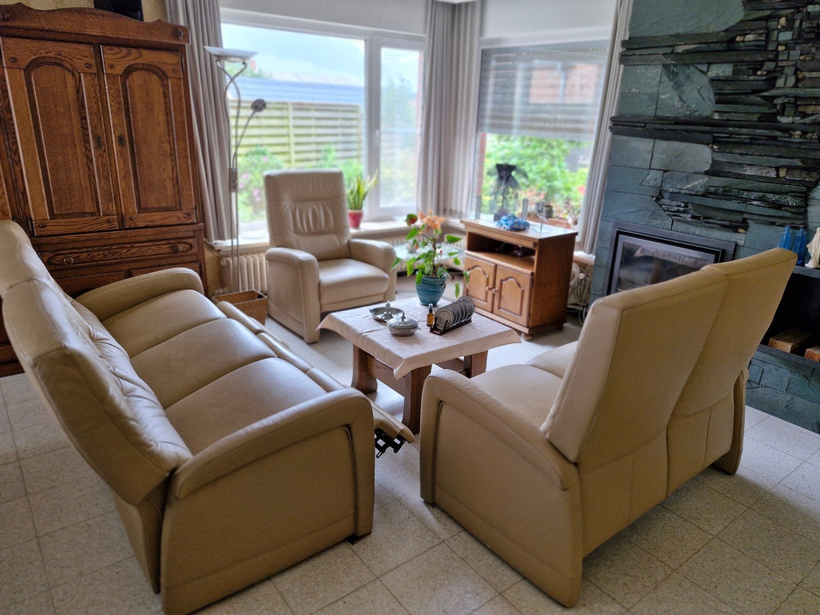 Lederen beige salon, Huis en Inrichting, Ophalen