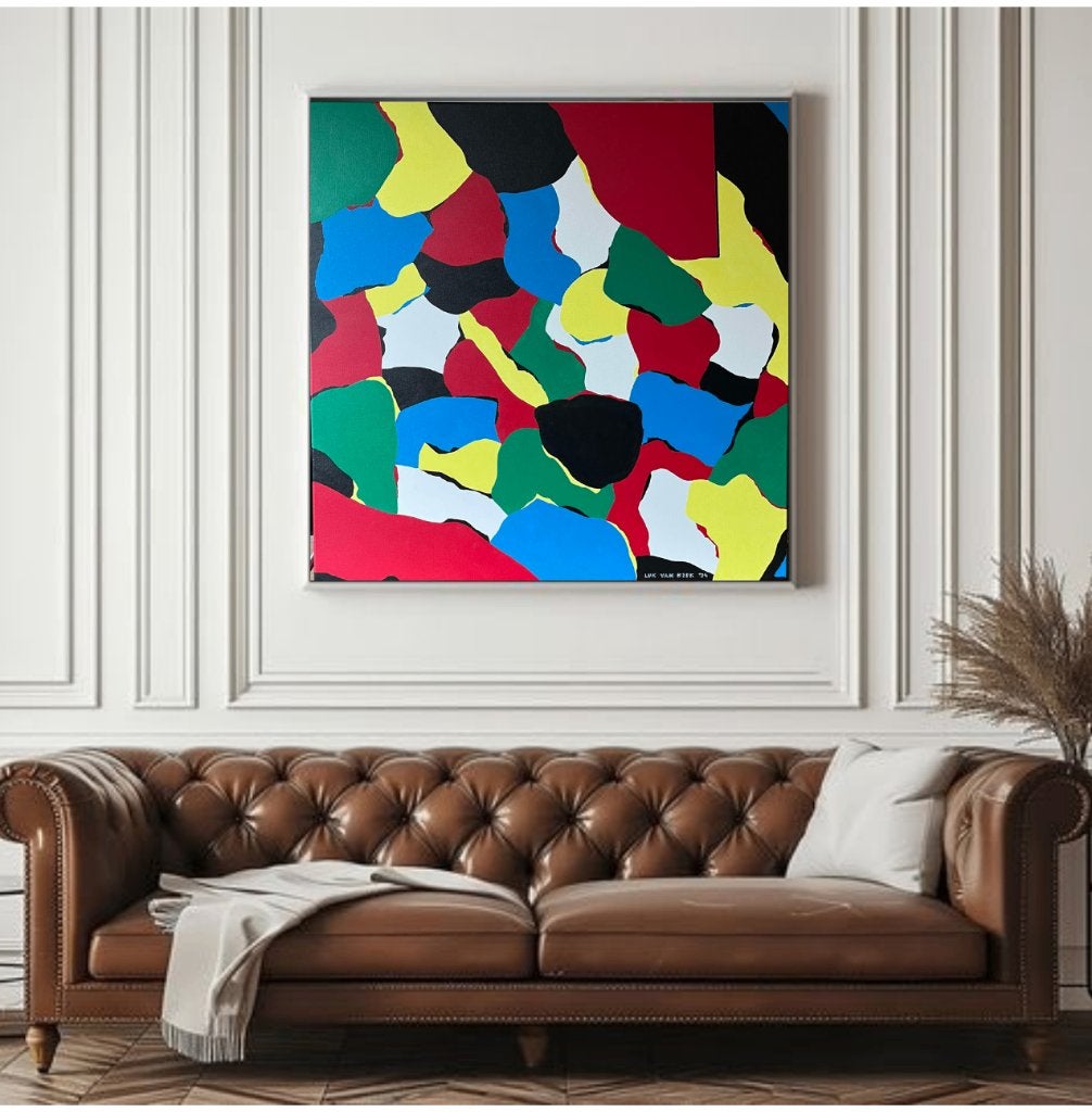 Schilderij: "Kleuren in beweging". 90/90/3 cm., Antiek en Kunst, Ophalen, Abstract, Acrylverf, Gesigneerd