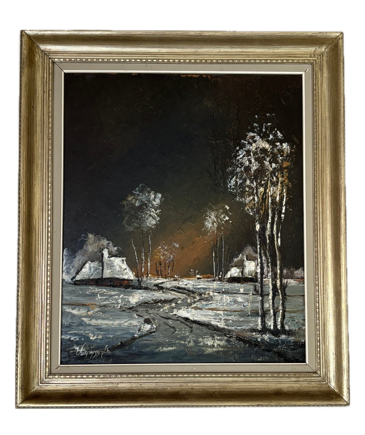 Prachtig gesigneerd winters landschap schilderij uit 1973, Daté, Peinture à l'huile, Panneau, Paysage