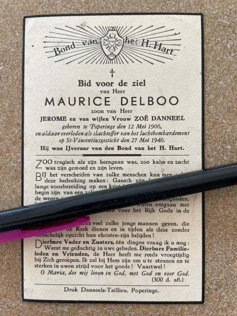 MR Maurice DELBOO, victime civile de Poperinge, 27 mai 1940, Collections, Images pieuses & Faire-part, Enlèvement ou Envoi, Image pieuse