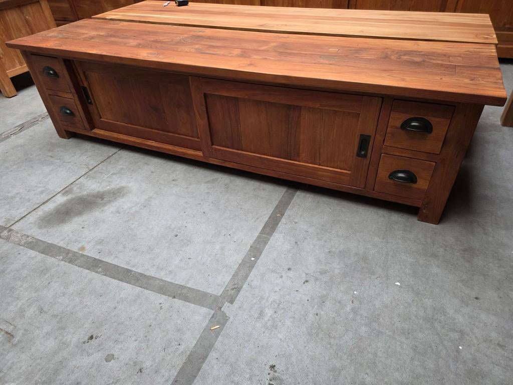Mooi kwalitatief massief teakhouten tv meubel 200cm ., Ophalen