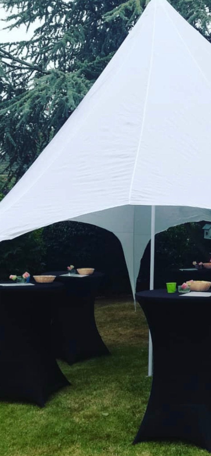 Partytent /5 cocktailtafels en zwarte tafelrokken, Ophalen, Zo goed als nieuw, Partytent
