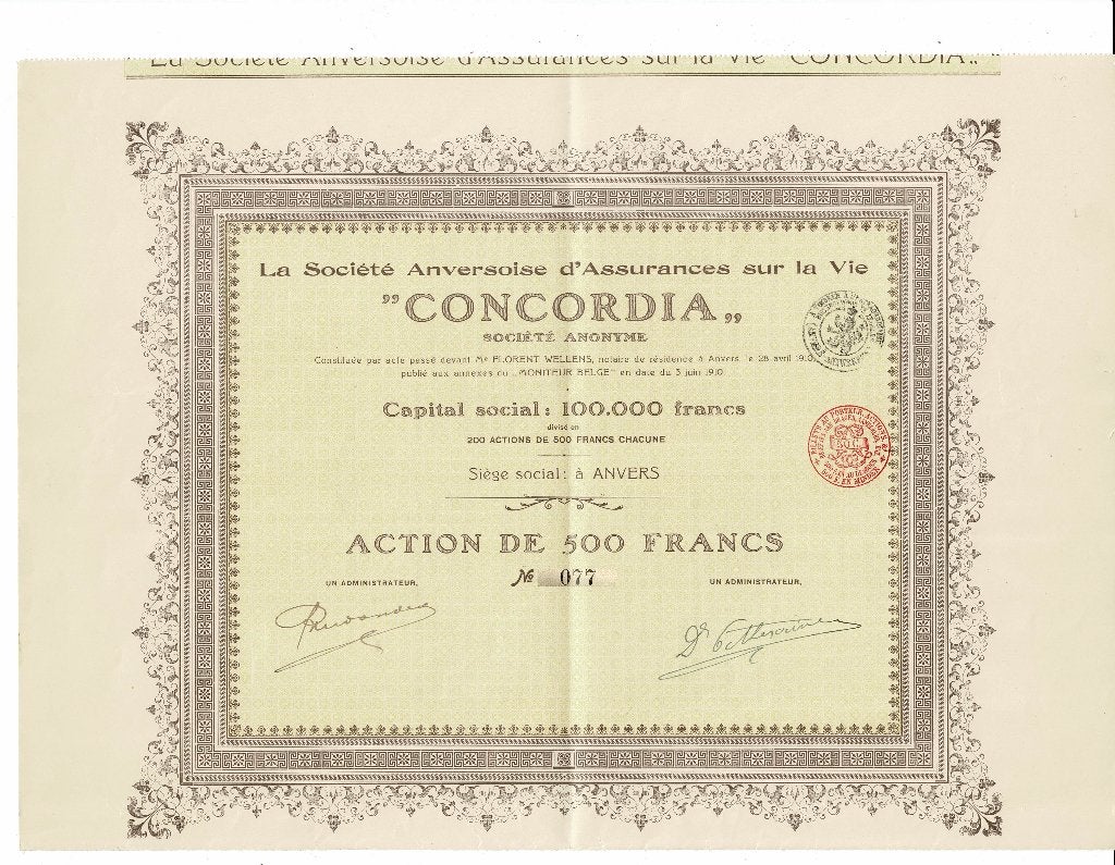Anversoise d'Assurances sur la Vie Concordia - Anvers 1910, Verzenden, Voor 1920, Aandeel