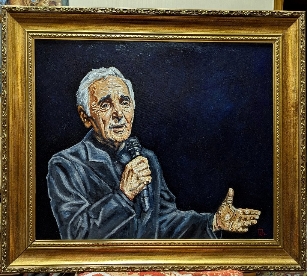 Charles Aznavour : La voix d'une époque, Antiquités & Art, Textile, Peinture à l'huile, Portrait, Sur cadre en bois
