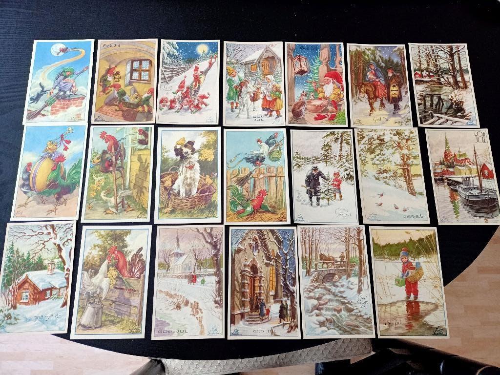 Curt Nyström: 28 Kerst- en paaskaarten:  kabouters, heks, .., Verzamelen, Ophalen of Verzenden