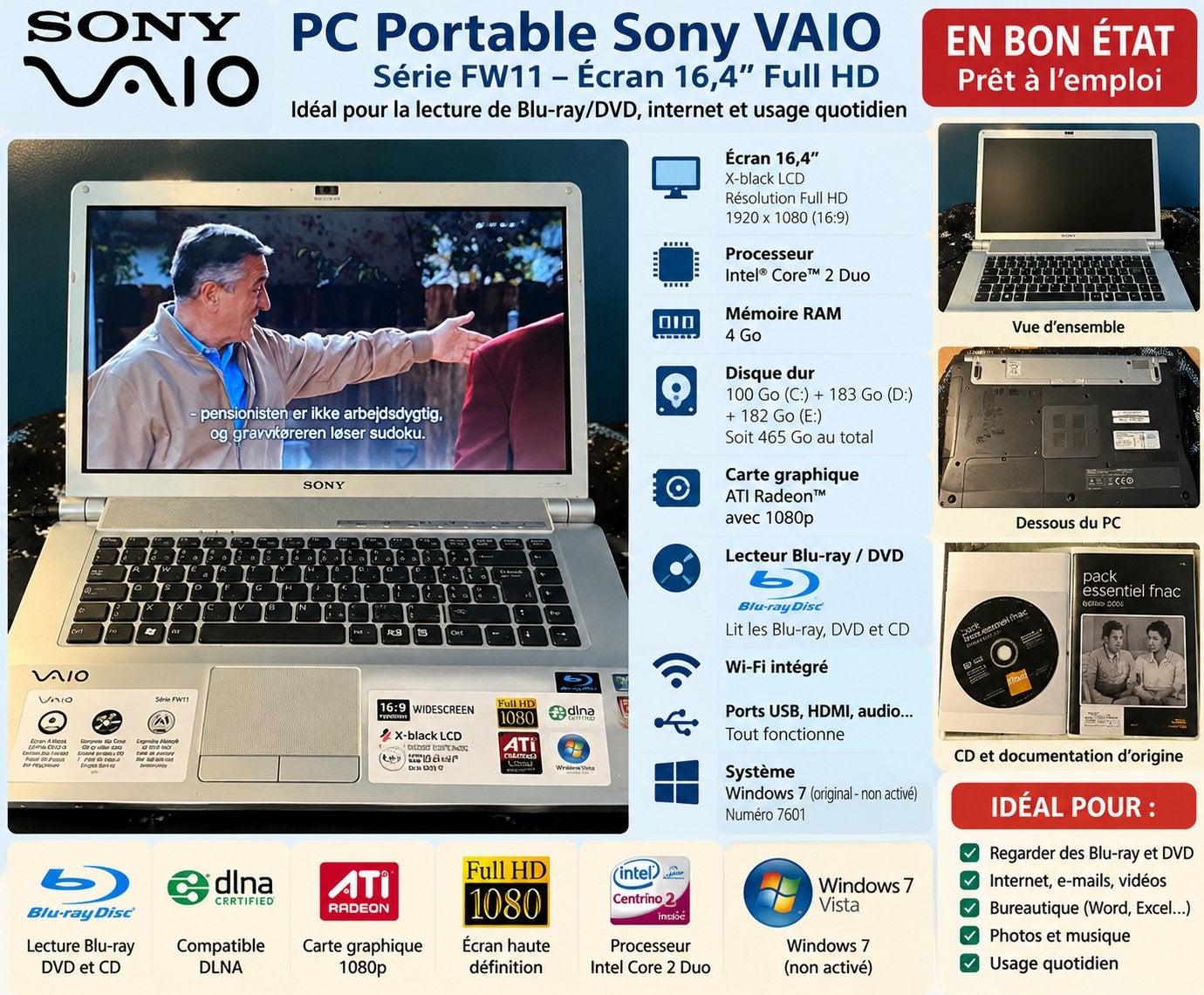 Ancien PC SONY VAIO FW11 16,4 lecteur et graveur blu-ray, Informatique & Logiciels, Enlèvement ou Envoi, Utilisé, 16 pouces, Azerty