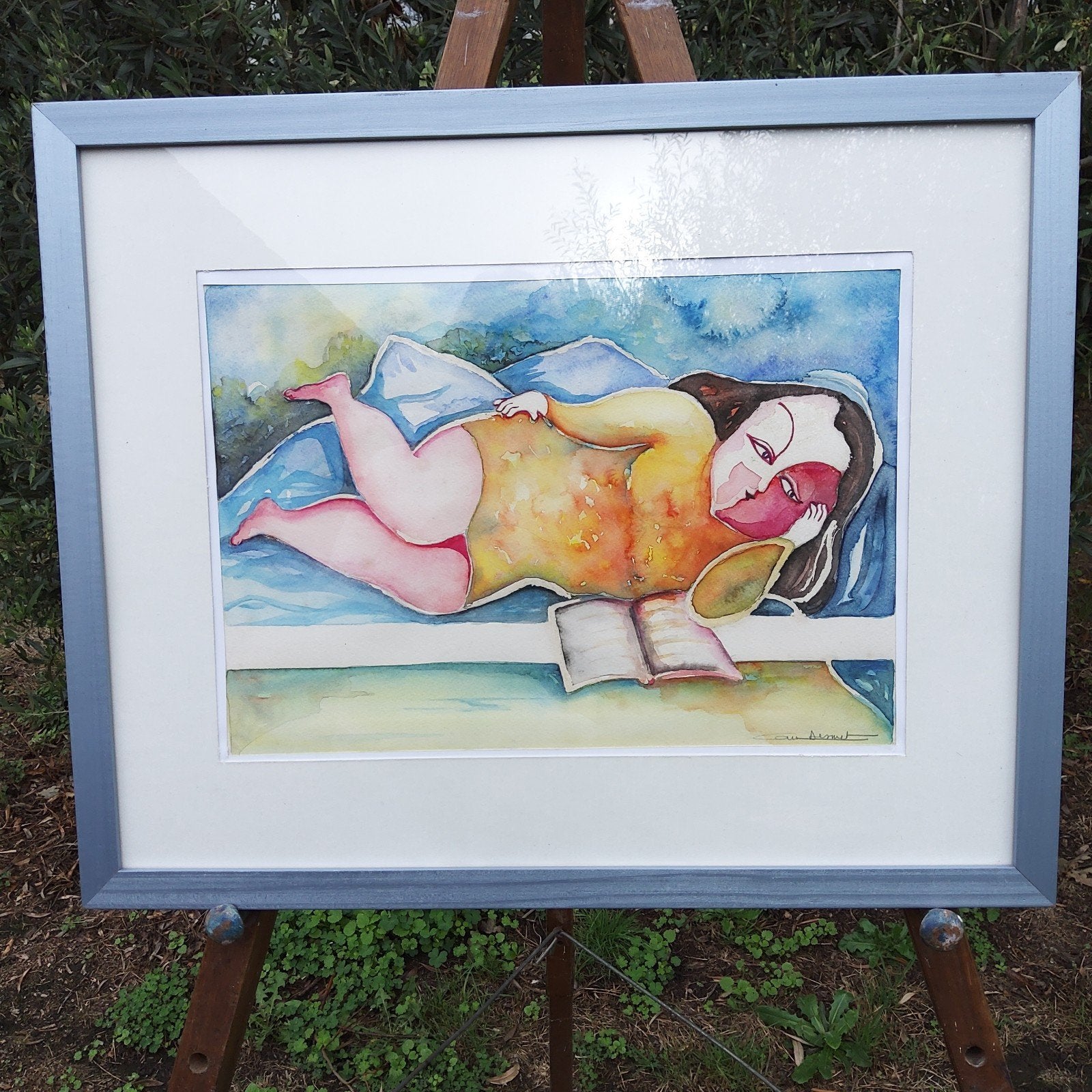 Origineel aquarel. Ingelijst 55 x 44 cm, Enlèvement, Passe-partout, Aquarelle, Figures
