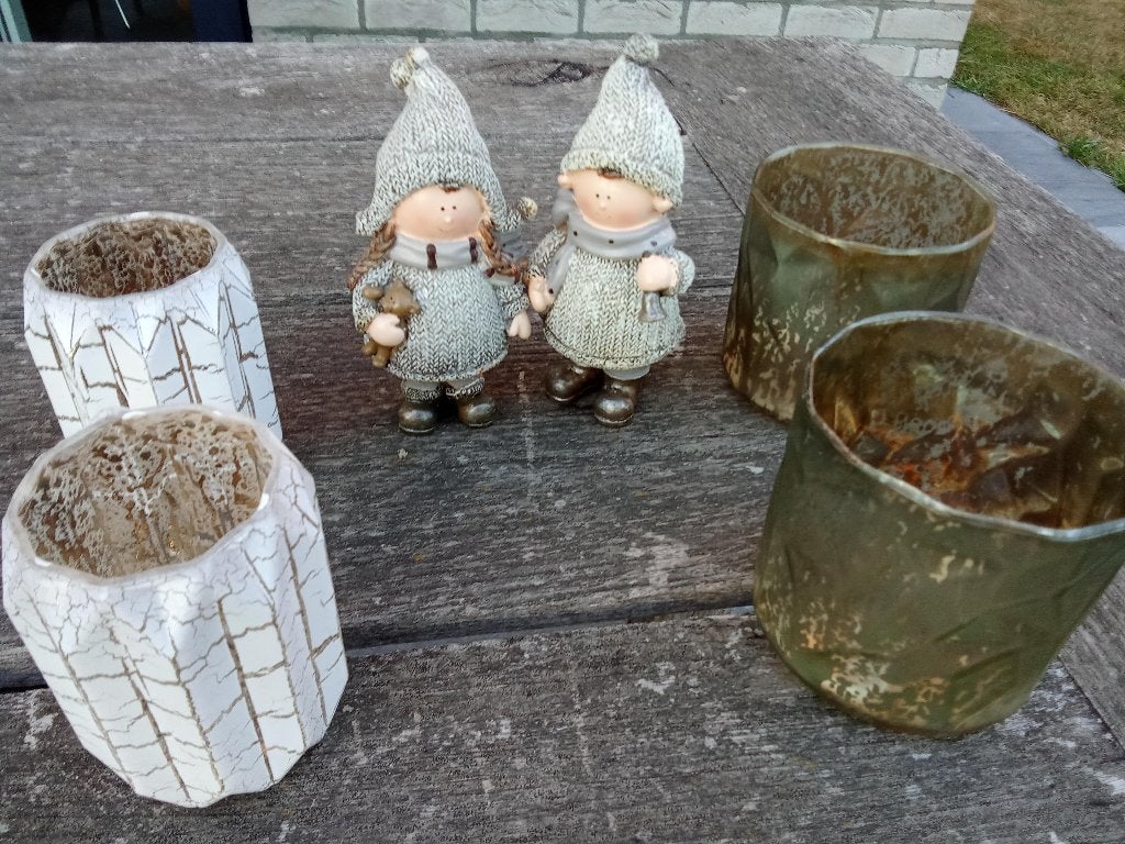 Winterse decoratieset – Winterkinderen & 4 windlichten, Ophalen, Zo goed als nieuw