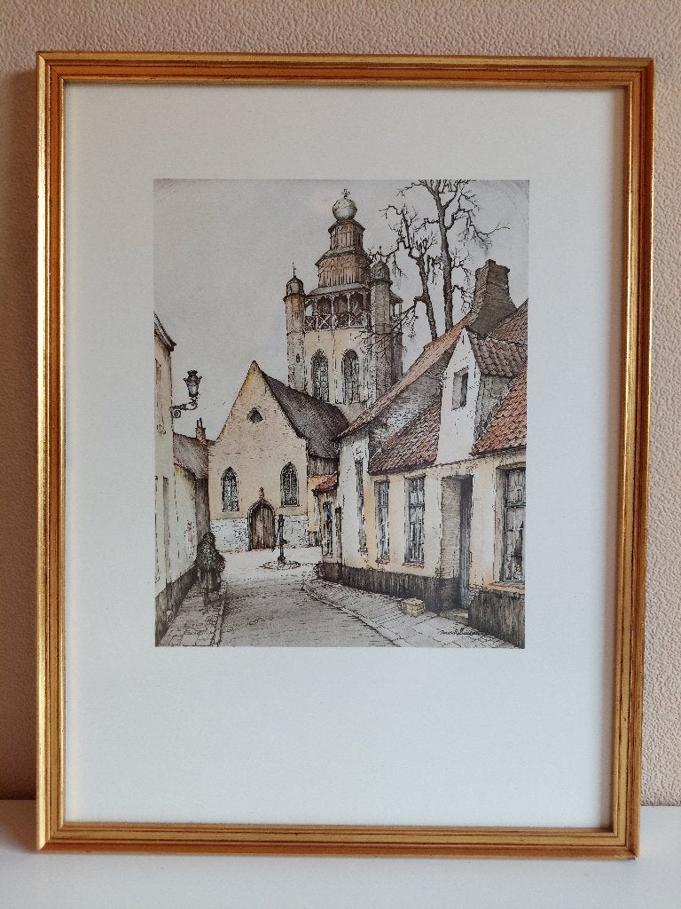 Prachtig Werk Maurits Dousselaere – "Jeruzalemkapel Brugge", Enlèvement, Encadré, Paysage urbain / rural
