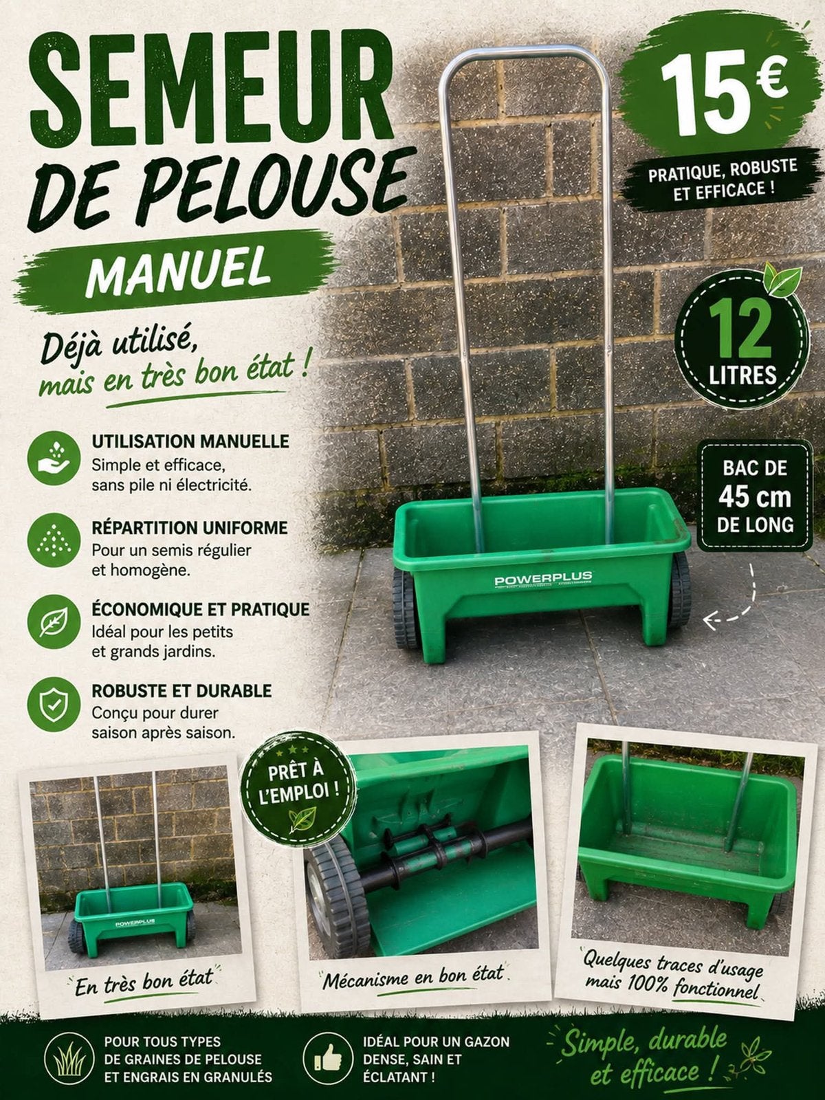 Semeur de pelouse manuelle, Jardin & Terrasse, Enlèvement, Comme neuf