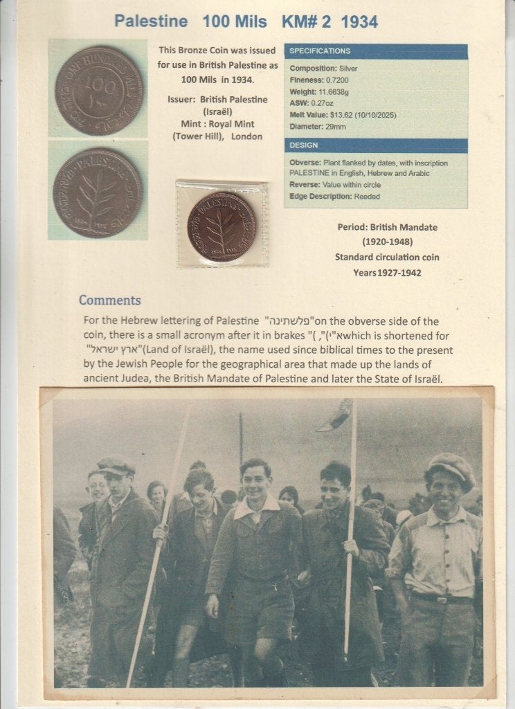 100 Mils munt 1934, met 3 foto's en Palestina postkaart, Postzegels en Munten, Munten | Azië, Losse munt, Midden-Oosten, Verzenden