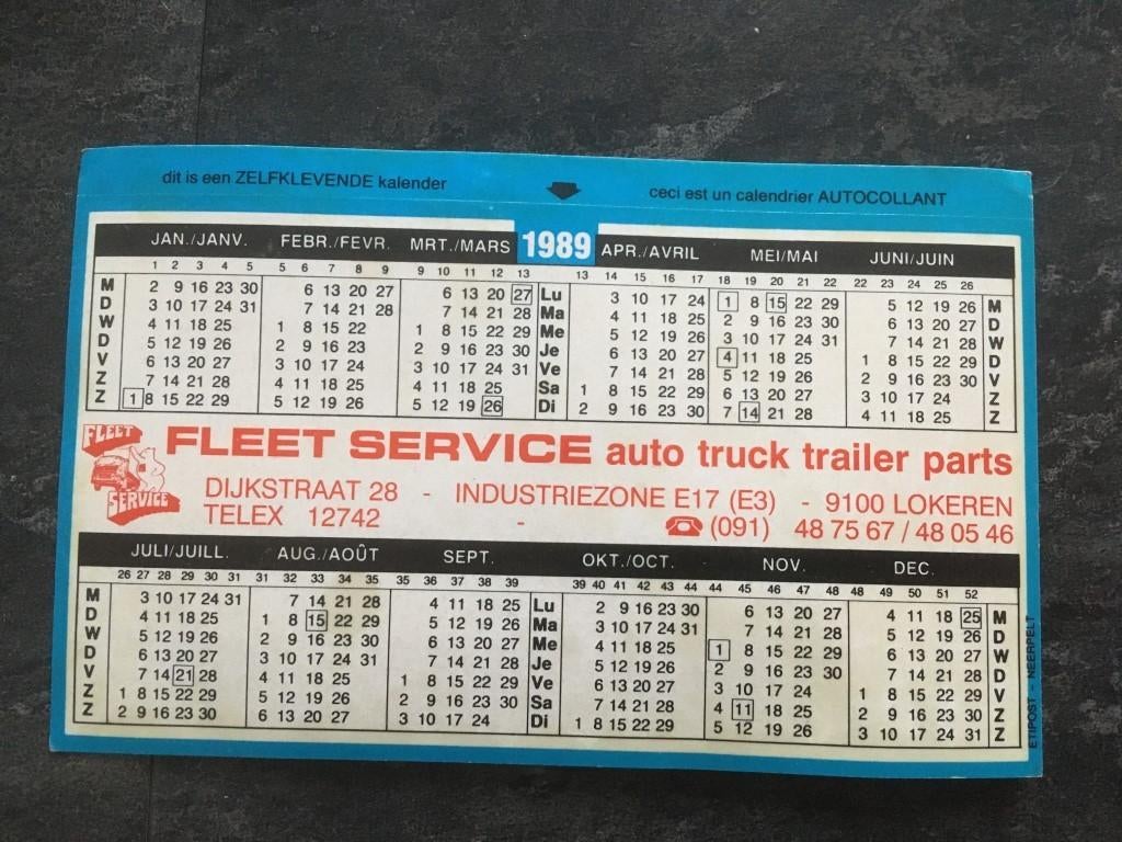 Sticker Fleet Service auto - kalender 1989 - Lokeren, Verzamelen, Ophalen of Verzenden