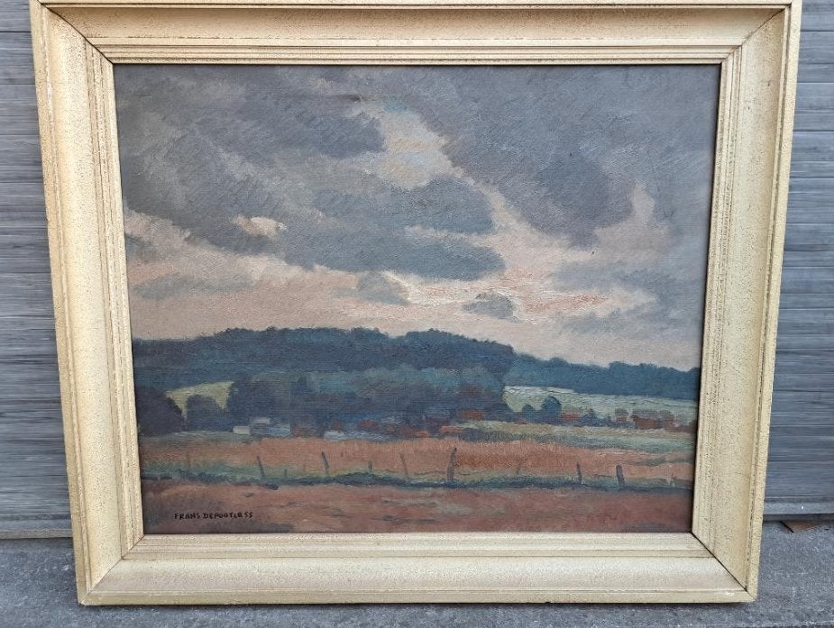 Huile sur toile paysage signe Frans depooter, Antiquités & Art, Enlèvement ou Envoi, Fleurs, Toile
