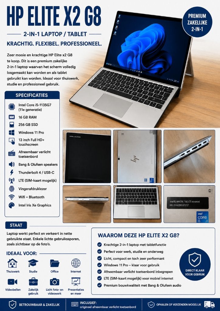 HP Elite x2 G8 2-in-1 | Intel Core i5 | 16GB RAM | 256GB SSD, Informatique & Logiciels, Supports d'ordinateur portable, Enlèvement