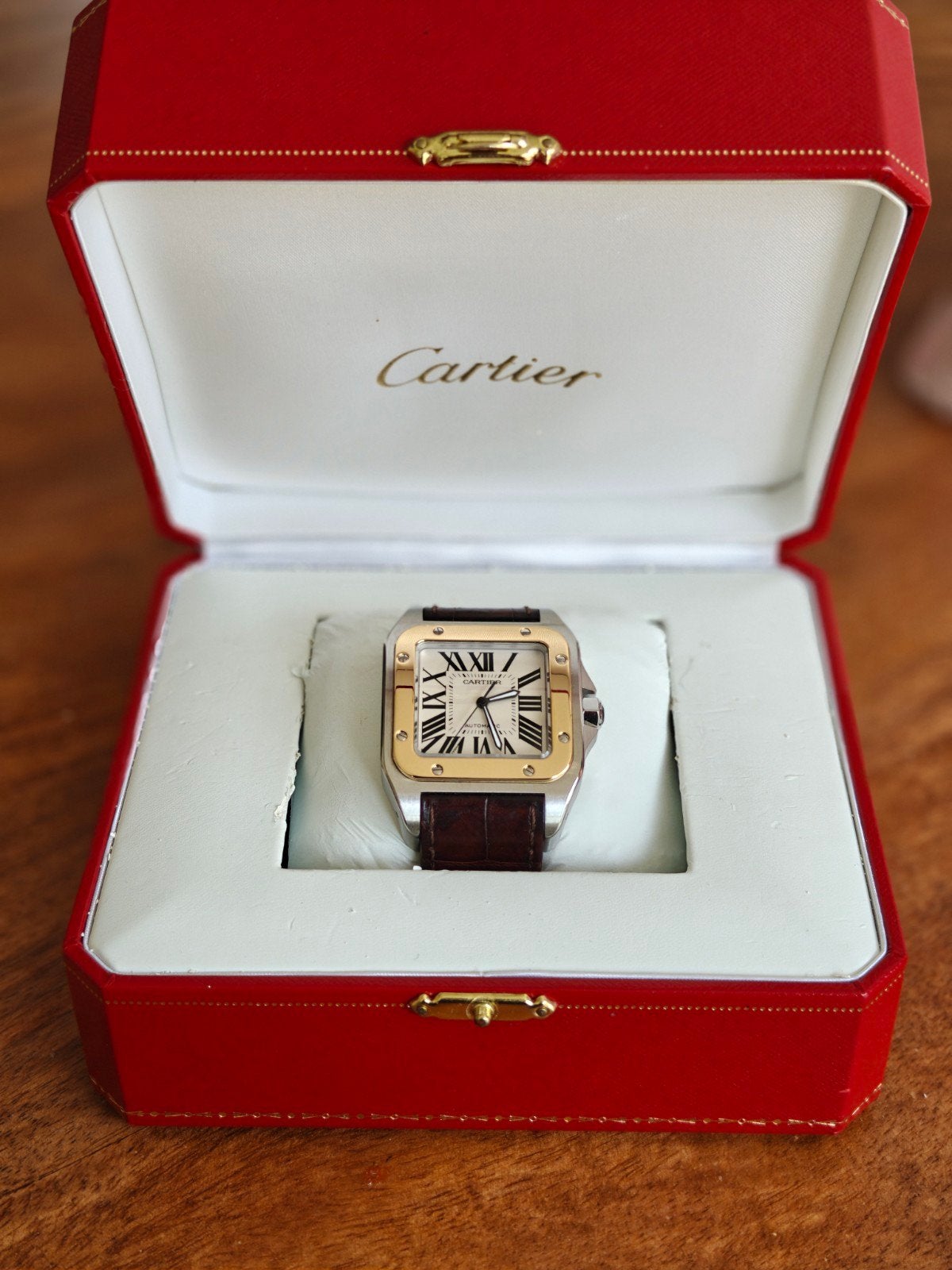 Cartier Santos 100 staal/goud fullset, Montre-bracelet, Autres marques, Cuir, Comme neuf